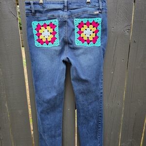 1822 Denim Blue Jeans with Bright Hand Crocheted Granny Square Pocket Patches